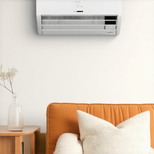 Smart AC unit with Wi-Fi and sensors in a modern living room environment.