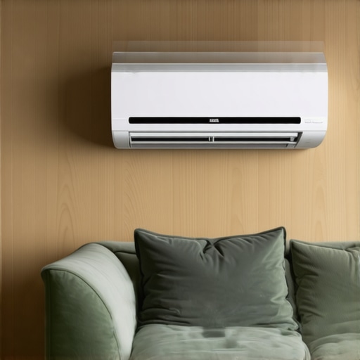 Modern living room featuring a futuristic smart air conditioning system with AI interface