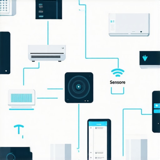 Illustration of interconnected smart devices, AI sensors, and automated climate control in a modern home.