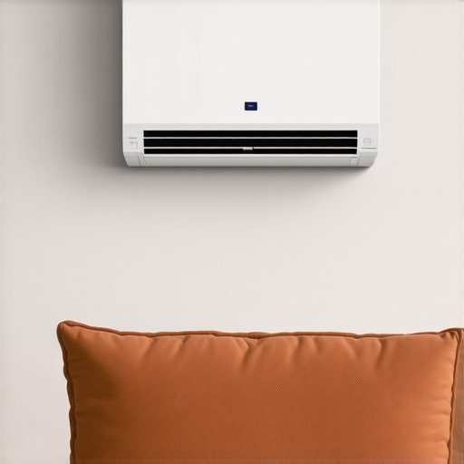 A sleek smart window air conditioner installed in a contemporary living room, glowing with Wi-Fi indicator
