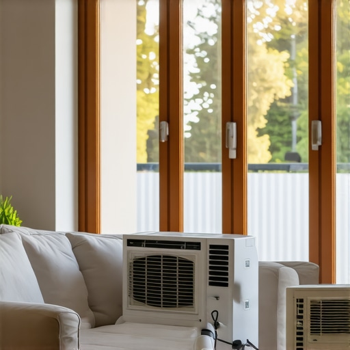Energy-efficient windows and portable air conditioners in a bright living room