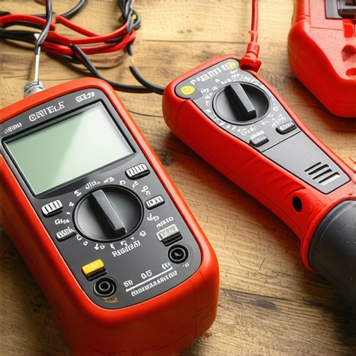 Close-up of refrigerant leak detector and multimeter used for air conditioner maintenance