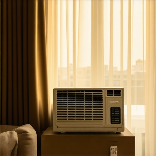 A sleek window AC unit installed in a home living room window with remote control on the table.