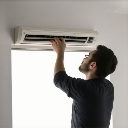 Person sealing window air conditioner with weatherstripping for efficient cooling