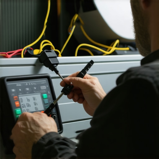Technician inspecting smart air conditioner with multimeter and screwdriver