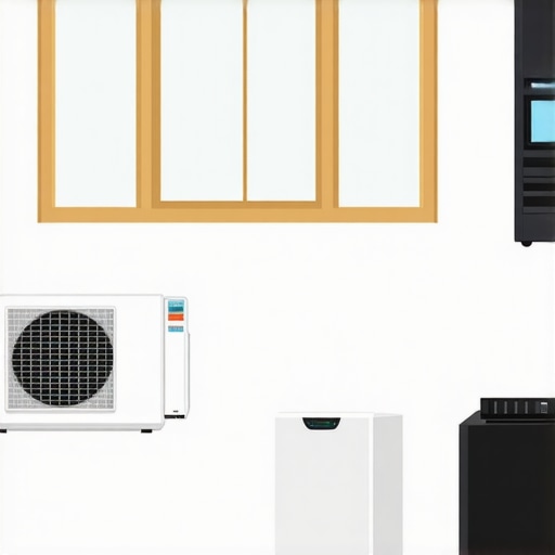 Illustration of various air conditioning units including smart, window, and portable models in a modern home