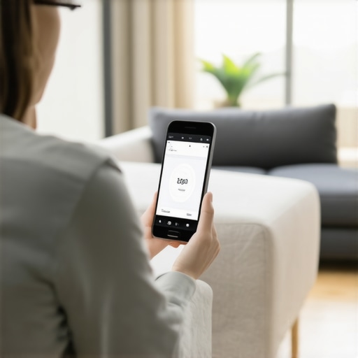 Person controlling smart air conditioner with smartphone app in living room