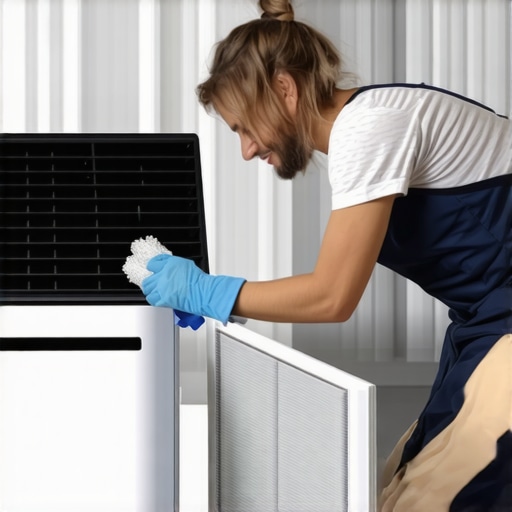 Person cleaning or inspecting a portable air conditioner's filter