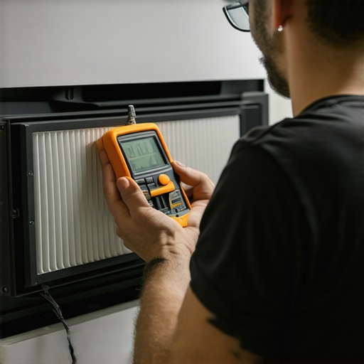 Person testing electrical components of an air conditioner with a multimeter and cleaning filters