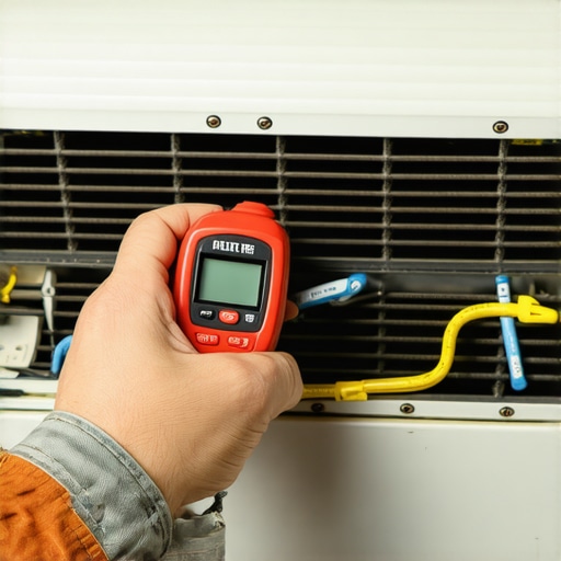 Technician performing maintenance on an air conditioning unit with digital thermometer and coil cleaner.