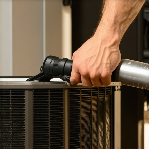 Person cleaning air conditioner coil with vacuum cleaner for optimal performance