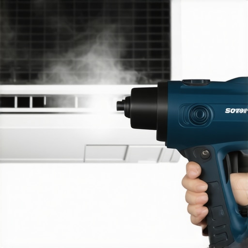 Person steaming an air conditioner's external vent for cleaning and maintenance.