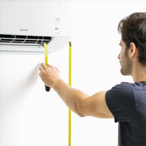 Person measuring a room's length and width with a tape measure for accurate AC sizing.