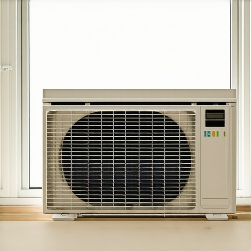 Image of a window air conditioner installed correctly in a modern home window with good airflow.