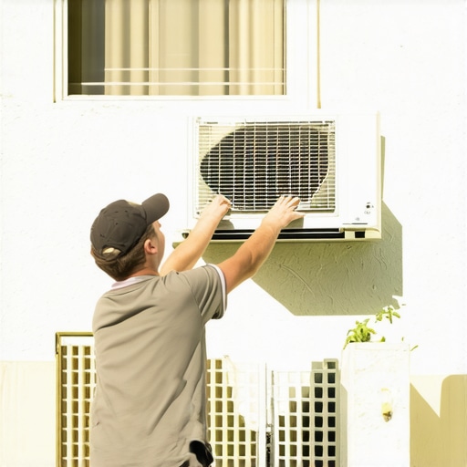 Person cleaning and maintaining a window air conditioner unit installed in a window.