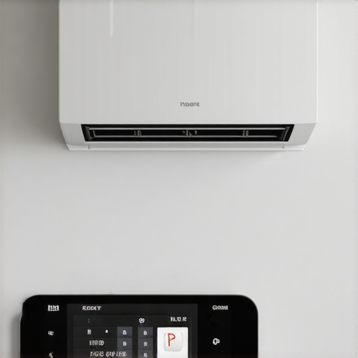 Smart AC unit with remote control app displayed on a smartphone in a living room.