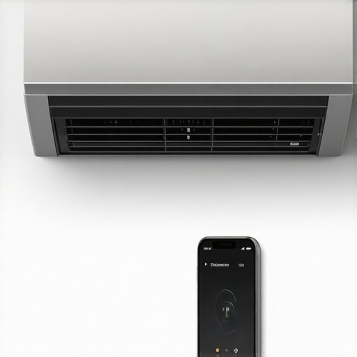 Smart air conditioner with a user controlling it via smartphone app in a modern living room.