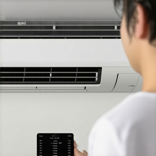 Person checking a wireless smart sensor attached to an air conditioner for ongoing maintenance