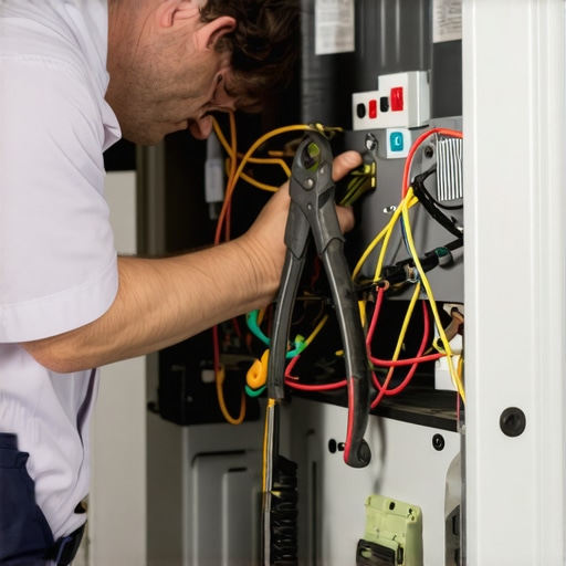 Technician inspecting air conditioner's internal parts with a multimeter and cleaning tools.
