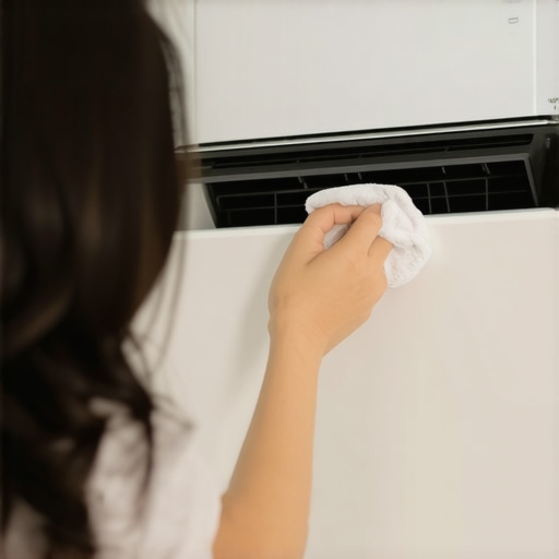 Close-up of a person wiping a sensor on a smart air conditioner with a cloth