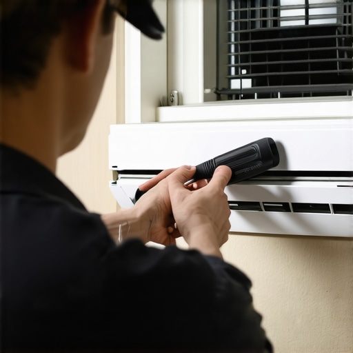 Technician using a pipe cleaner to clear a blocked drain line on a window air conditioner.