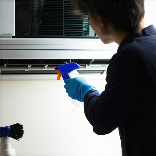 Person cleaning an AC coil with spray and brush to improve efficiency.