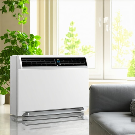 Close-up of a sleek smart air conditioner with digital controls and sensors in a contemporary living room.
