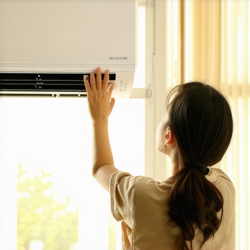 Person changing the fan speed on an air conditioning unit
