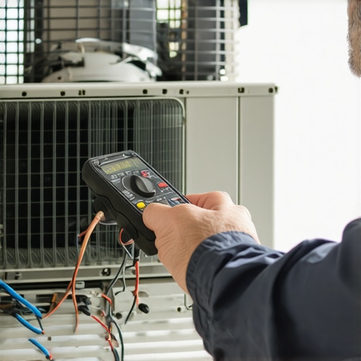 Technician testing an air conditioner with a multimeter for routine maintenance.