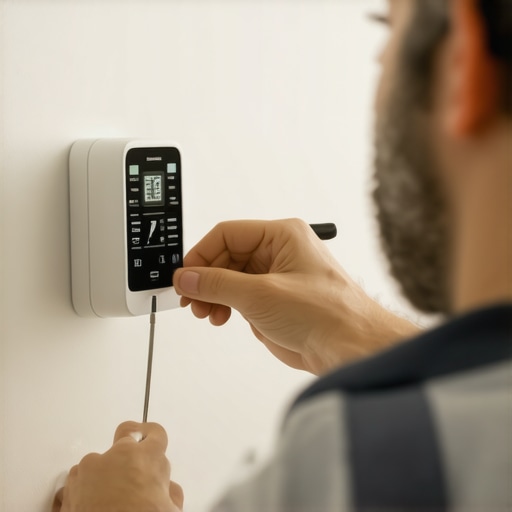 A person adjusting a smart air conditioner sensor with a thermometer nearby.