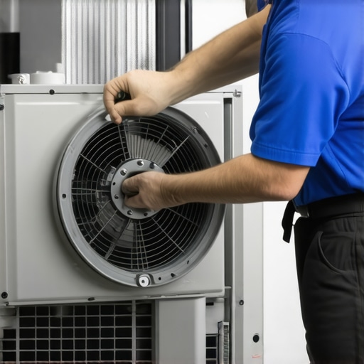 A hand using a soft brush to clean the blower wheel of an air conditioner