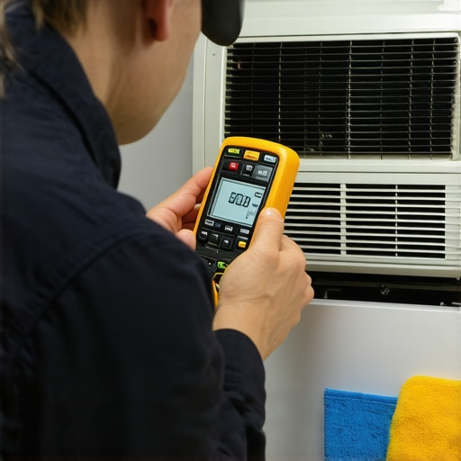 A technician testing an air conditioner with a multimeter for performance issues