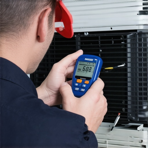 Technician checking refrigerant with digital gauge and UV leak detector on air conditioner.