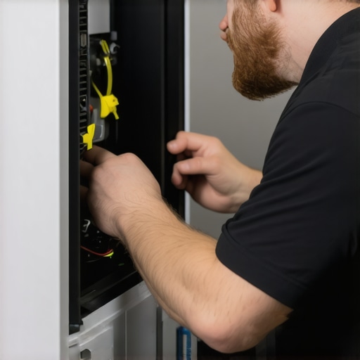Technician inspecting the internal parts of a portable AC to identify grinding noise causes.