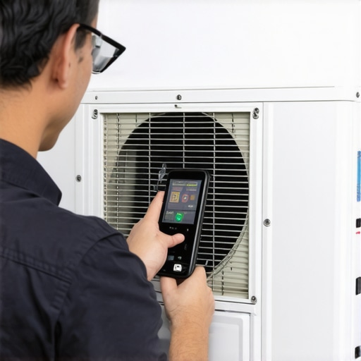 Technician using digital gauges and ultrasonic cleaner to maintain smart air conditioning system.