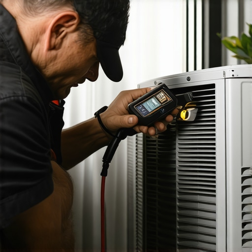 Technician inspecting an air conditioner with a leak detector for optimal performance in 2026.