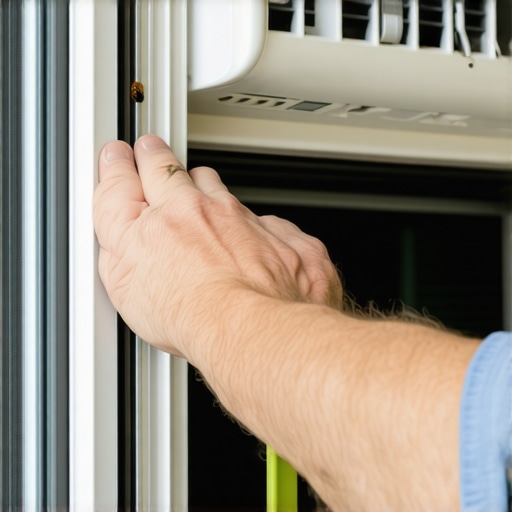 Person sealing gaps around a window air conditioner with foam and weatherstripping tape for better insulation.