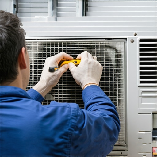 Person applying weatherstripping tape and sealant around a window air conditioner to prevent air leaks and improve cooling performance.