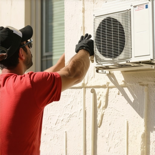 A homeowner using foam spray to seal gaps around a window air conditioner on a sunny day