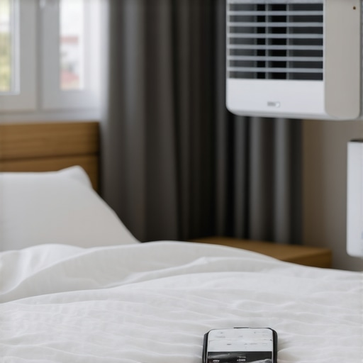 Smart AC unit in a bedroom with Wi-Fi indicator and humidity control features.