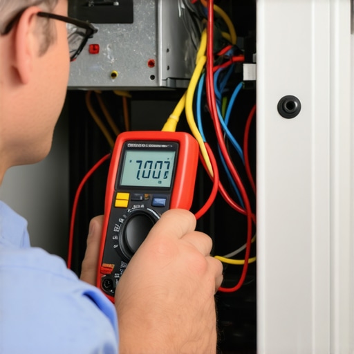 Technician measuring an air conditioner's electrical capacitor using a multimeter