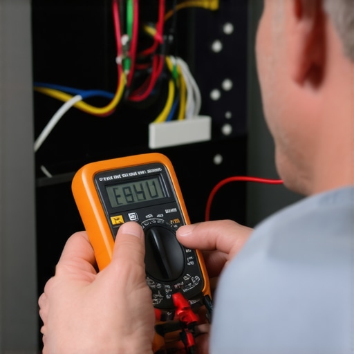 A person holding a multimeter testing an air conditioner's wiring.